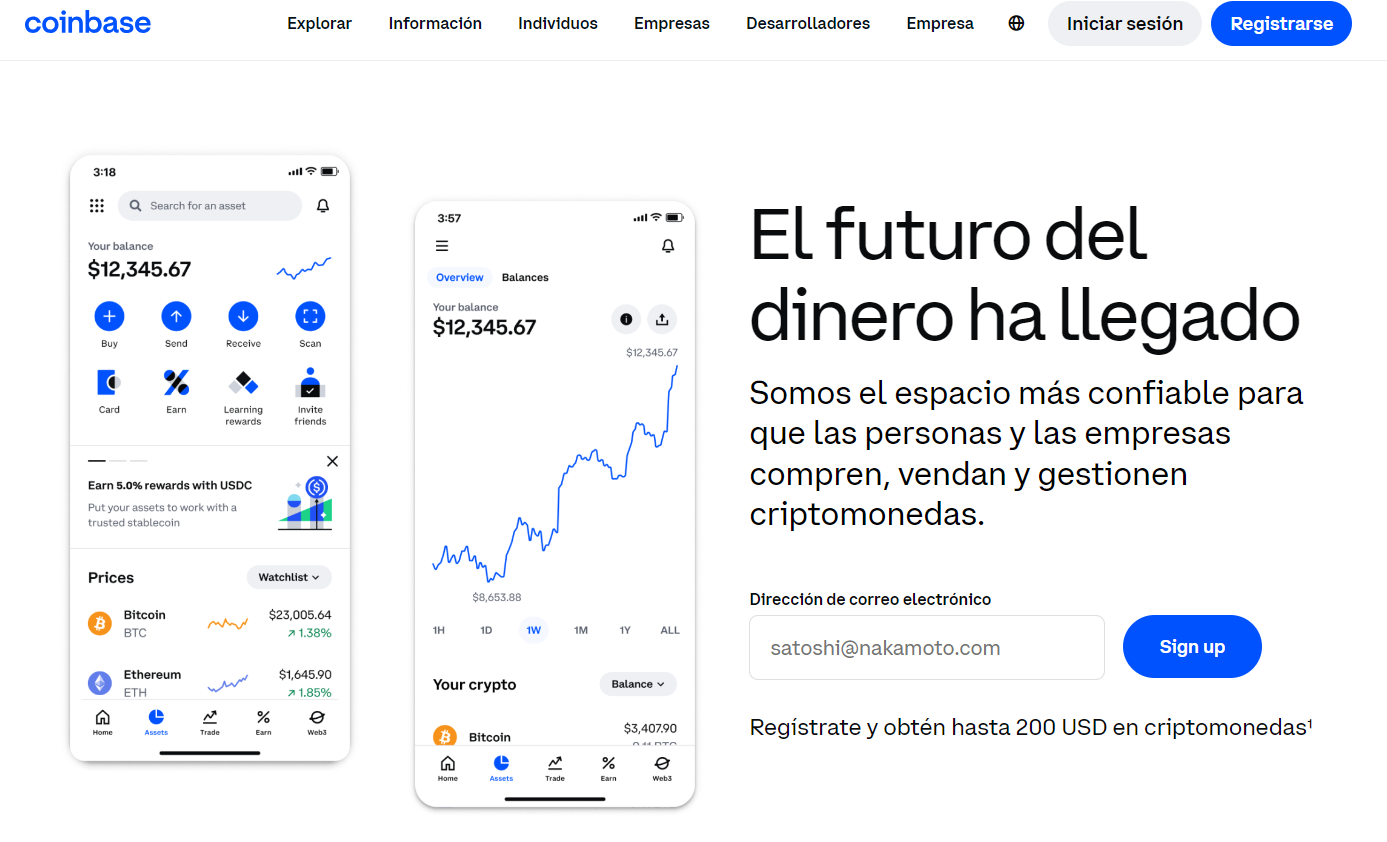 Coinbase landing page in Spanish