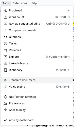 google docs - tools menu